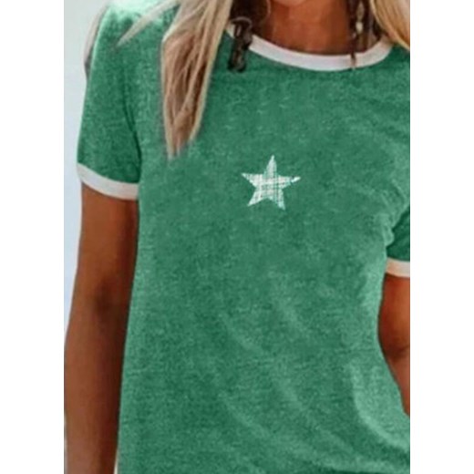Krótki rękaw dekolt prosty okrągły casual wzór grafika tshirt koszulka na co dzień top zielony bluzka Cikelly (S) Cikelly L Cikelly