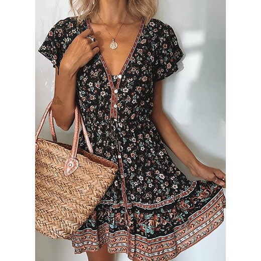 Mini przed kolano krótka dekolt V krótki rękaw luźna falbany wzór kwiaty guziki lato na plażę suknia czarny sukienka Cikelly (S) Cikelly XL Cikelly