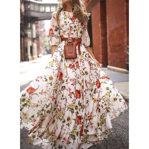 Marszczona sukienka maxi z nadrukiem kwiatowym i pół rękawa biały Cikelly (S) Cikelly L Cikelly