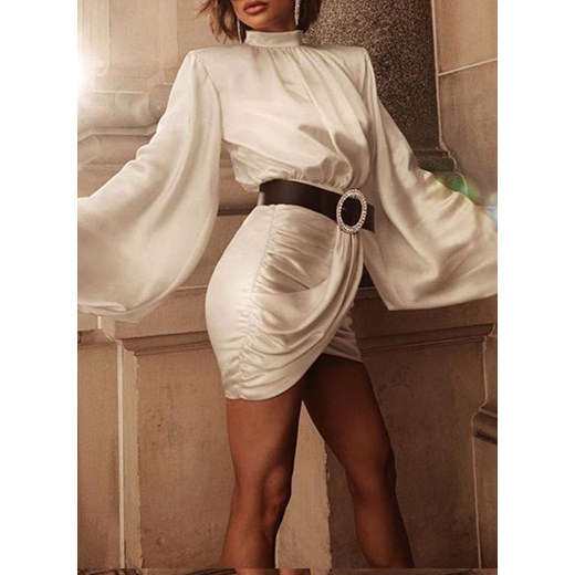 Długi rękaw bufki plisy satyna dekolt kołnierzyk jednolita luźna randka casual mini przed kolano elegancka sukienka Cikelly (S) Cikelly 2XL Cikelly