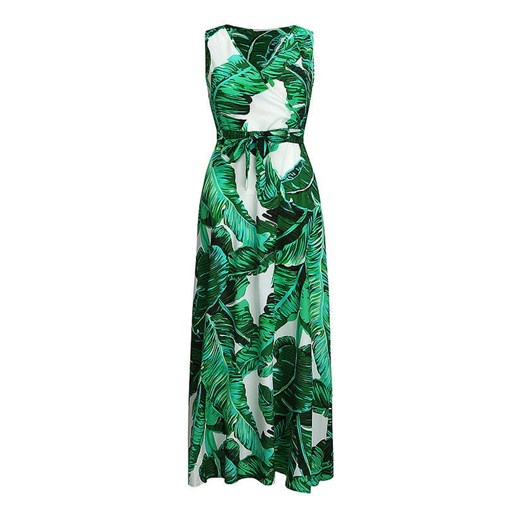 Długa do ziemi maxi wzór liść dekolt V głęboki ramiączka wiązanie kokarda lejąca lato suknia zielony sukienka Cikelly (S) Cikelly 2XL Cikelly