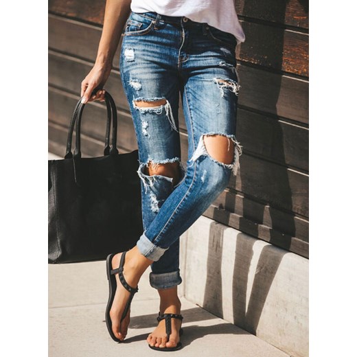 Długa nogawka obcisłe wysoki stan jednolite przetarcia bez wzoru typ boyfriend jeans casual niebieski spodnie Cikelly (S) Cikelly XL Cikelly