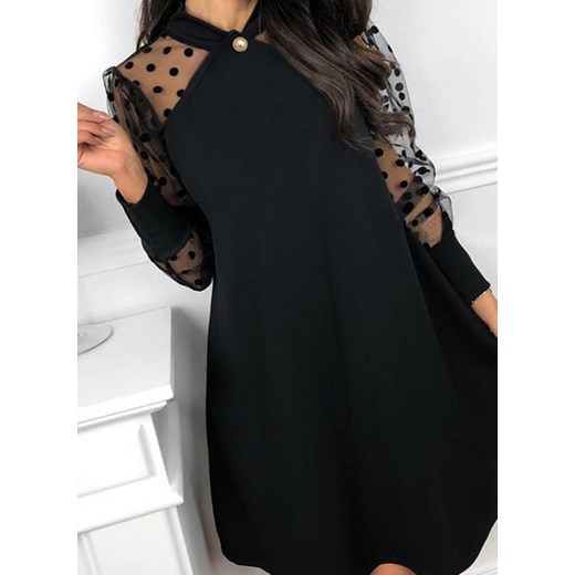 Mini przed kolano długi rękaw dekolt prosty groszki przeźroczysta impreza suknia czarny sukienka Cikelly (S) Cikelly XL Cikelly