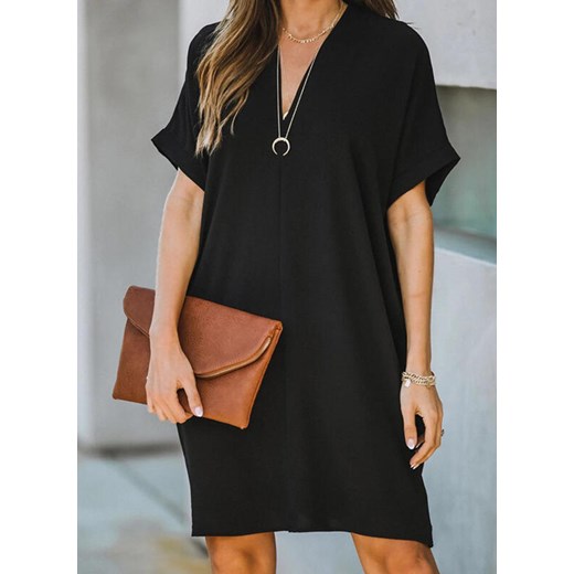 Mini przed kolano krótka dekolt V jednolita krótki rękaw luźna prosta lato elegancka czarny sukienka Cikelly (S) Cikelly M Cikelly