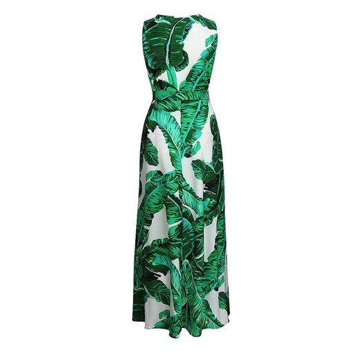 Długa do ziemi maxi wzór liść dekolt V głęboki ramiączka wiązanie kokarda lejąca lato suknia zielony sukienka Cikelly (S) Cikelly XL Cikelly