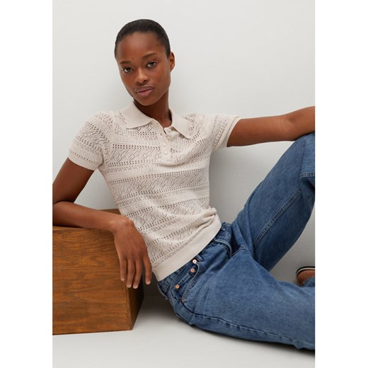 Bluzka damska beżowa Mango z okrągłym dekoltem z krótkim rękawem casualowa 