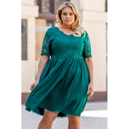 Sukienka eksluzywna wyjściowa rozkloszowana tiulowo koronkowa MONTANA butelkowa zieleń Plus Size karko.pl
