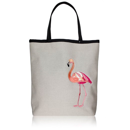 Duża torba na ramię typu shopper z haftowanym flamingiem RIO (beżowa) goshico-com szary duży