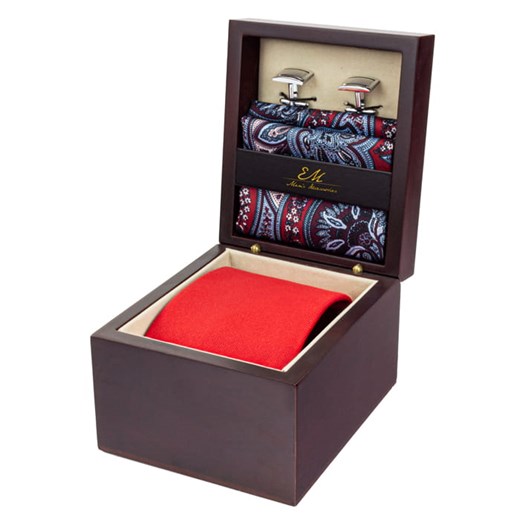 Zestaw ślubny dla mężczyzny w kolorze czerwonym: krawat + poszetka + spinki zapakowane w pudełko EM 26 Em okazja EM Men's Accessories