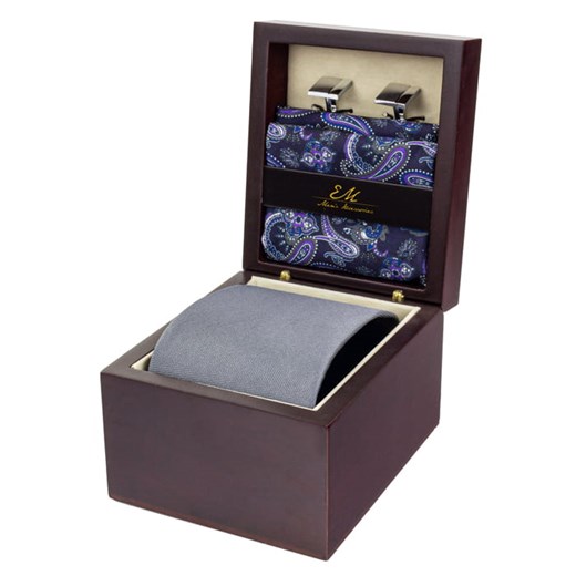 Zestaw ślubny dla mężczyzny w kolorze szarym: krawat + poszetka + spinki zapakowane w pudełko EM 29 Em promocja EM Men's Accessories