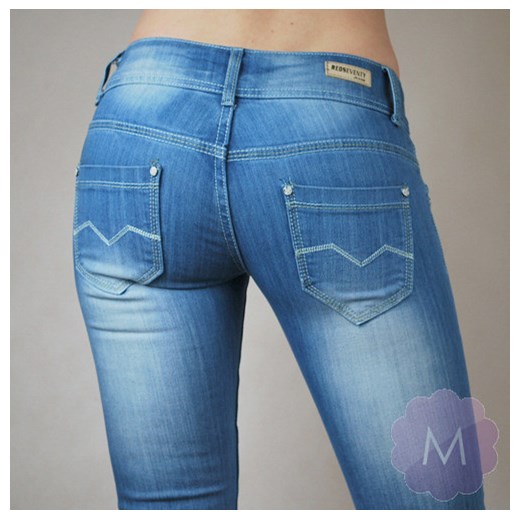 Spodnie biodrówki jeansowe niebieskie wycierane na dwa guziki mercerie-pl niebieski Spodnie