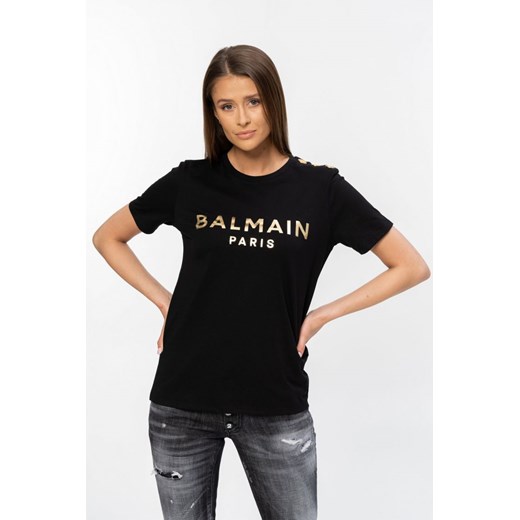 BALMAIN - czarny t-shirt ze złotym logo i guzikami XS outfit.pl