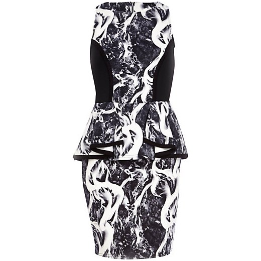 Black colour block print scuba peplum dress river-island szary nadruki