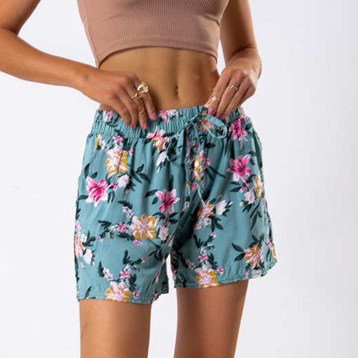 Miętowe damskie spodenki w roślinny wzór - Odzież Royalfashion.pl L - 40 royalfashion.pl