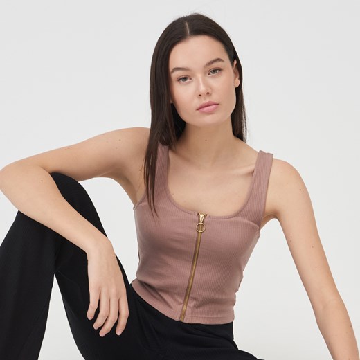 Sinsay - Dzianinowy crop top - Beżowy Sinsay XS Sinsay