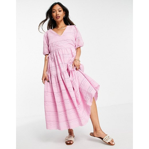 Y.A.S – Różowa sukienka midi z bawełny organicznej z dekoltem w kształcie V i ażurowym wzorem-Różowy L Asos Poland