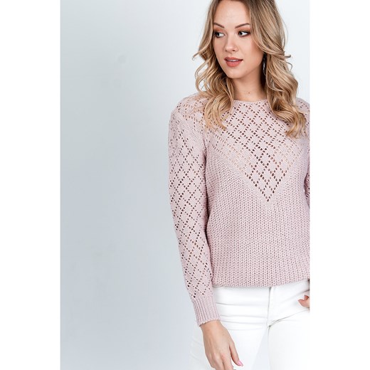 Sweter pudrowy róż z ażurowym wzorem S/L zoio.pl promocyjna cena