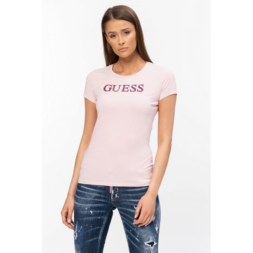 GUESS - różowy t-shirt damski z brokatowym logo Guess S outfit.pl
