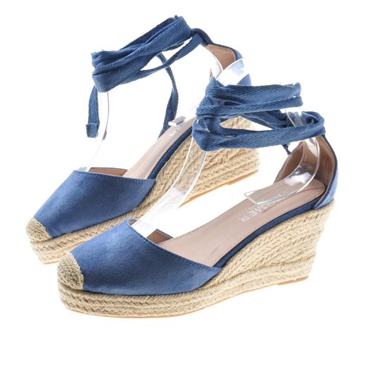 Espadryle damskie Pantofelek24 niebieskie z tkaniny letnie eleganckie na koturnie 