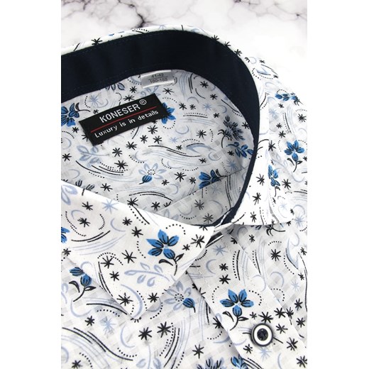 Koszula Męska Koneser biała w kwiaty wzorki z krótkim rękawem w kroju REGULAR N011 Koneser XL okazyjna cena ŚWIAT KOSZUL