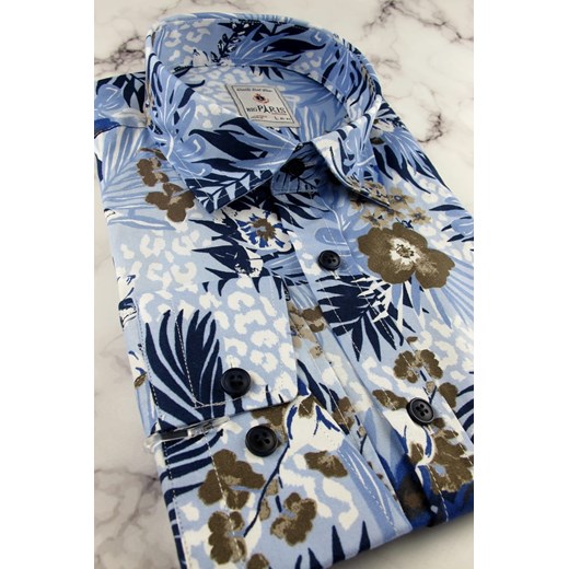 Koszula Męska Elegancka Wizytowa do garnituru błękitna w kwiaty z długim rękawem w kroju SLIM FIT Big Paris A931 XL okazja ŚWIAT KOSZUL