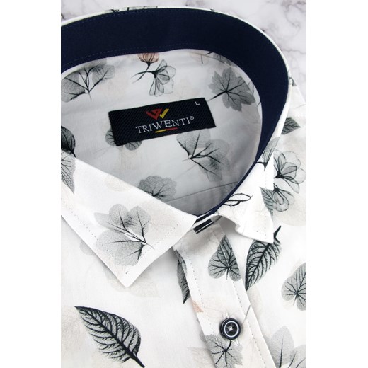 Koszula Męska Elegancka Wizytowa do garnituru biała cyfrowy nadruk w listki z długim rękawem w kroju SLIM FIT Triwenti A966 M ŚWIAT KOSZUL