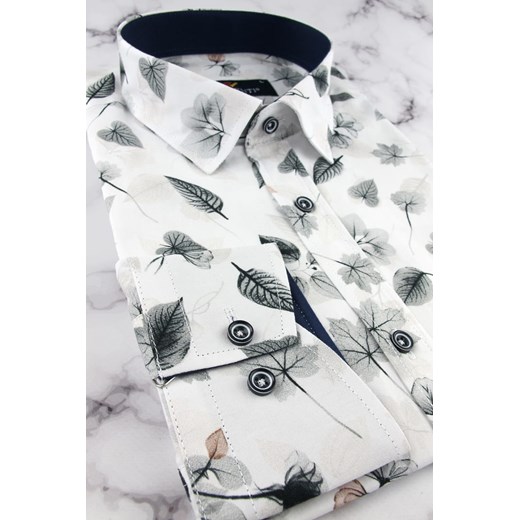 Koszula Męska Elegancka Wizytowa do garnituru biała cyfrowy nadruk w listki z długim rękawem w kroju SLIM FIT Triwenti A966 M ŚWIAT KOSZUL