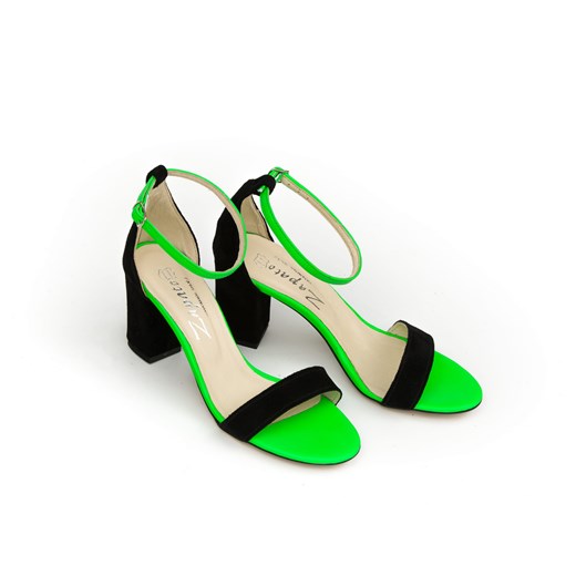 sandałki na słupku - skóra naturalna - model 342 - kolor czarny welur i zielony neon Zapato 39 zapato.com.pl