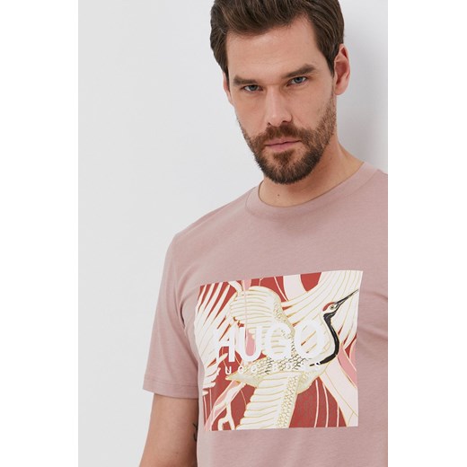 T-shirt męski Hugo Boss różowy w nadruki z krótkim rękawem 