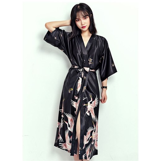 Seksowny długi szlafrok kimono sukienka satynowa z ptakami Alexiss XL Super-store