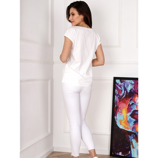 Biały t-shirt z nadrukiem ptaszka Off Pink KOLIBER Off Pink 42 Eye For Fashion