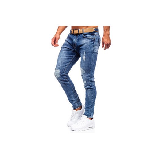 Granatowe jeansowe spodnie męskie skinny fit z paskiem Denley R85082S0 32/M okazja Denley
