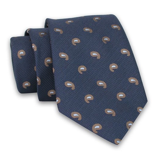 Krawat Męski, Granatowy w Brązowy Wzór Paisley, Łezki, Elegancki, 7 cm -Angelo di Monti KRADM1839 ze sklepu JegoSzafa.pl w kategorii Krawaty - zdjęcie 116007114