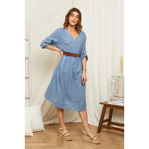 Sukienka Rodier Lin z długim rękawem lniana w serek 