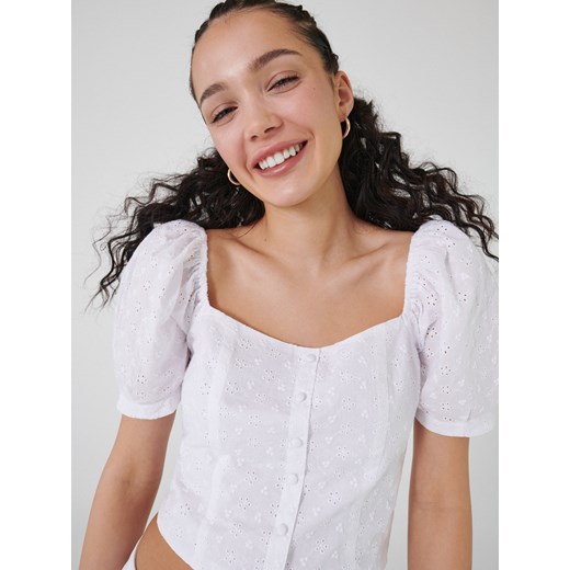 Cropp - Bluzka crop top z bufiastymi rękawami - Biały Cropp XS Cropp