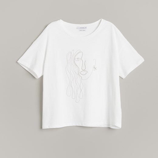 Reserved - Bawełniany t-shirt z aplikacją - Biały Reserved L Reserved okazja