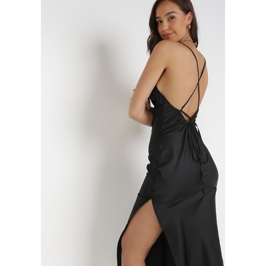 Born2be sukienka elegancka na imprezę na ramiączkach maxi z marszczonym dekoltem z wiskozy