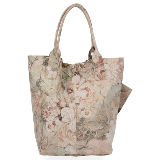 Modne Torebki Skórzane Shopper Bag XL w kwiaty firmy Vittoria Gotti Beżowa (kolory) Vittoria Gotti PaniTorbalska