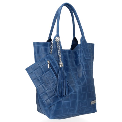 Vittoria Gotti shopper bag z frędzlami ze skóry niebieska duża na ramię 