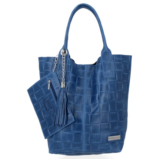 Shopper bag Vittoria Gotti niebieska z frędzlami duża ze skóry matowa 
