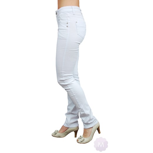 Białe cienkie spodnie rurki jeansowe z podwyższonym stanem mercerie-pl bialy Spodnie