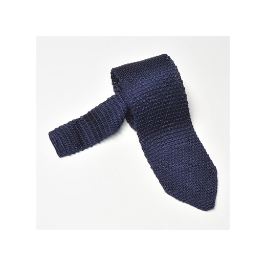 Granatowy jedwabny krawat z dzianiny (knit) zakończony w trójkąt eleganckipan-com-pl granatowy dzianina