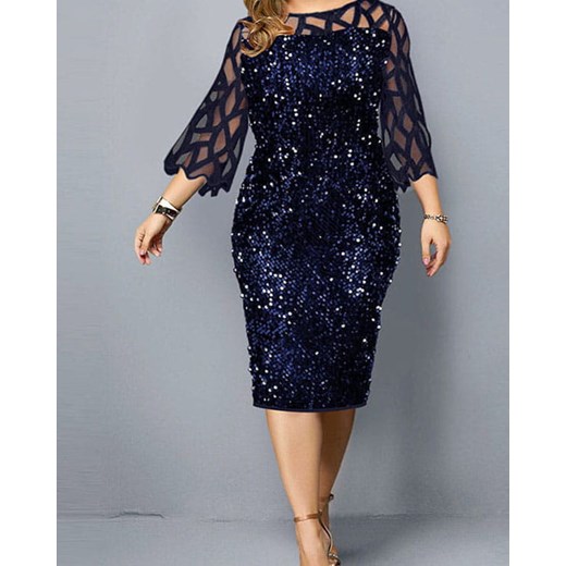Sukienka Kendallme midi elegancka dopasowana granatowa z okrągłym dekoltem z długim rękawem