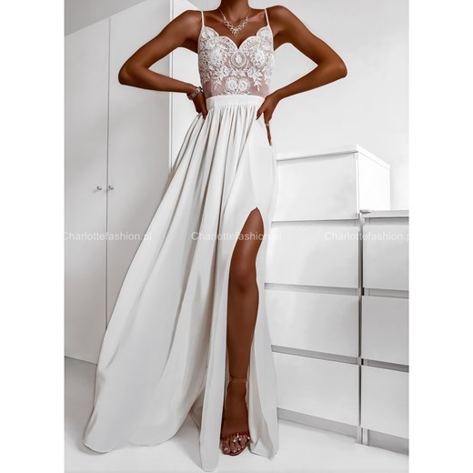 Długa suknia wizytowa na ramiączkach z koronką ecru beżowa A1095 Emo L/40 Charlotte Fashion