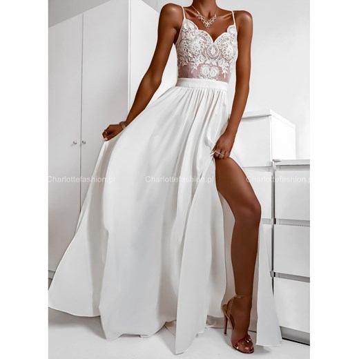 Długa suknia wizytowa na ramiączkach z koronką ecru beżowa A1095 Emo S/36 Charlotte Fashion