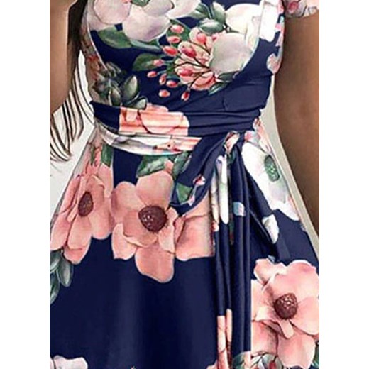 Sukienka elegancka casual letnia długa maxi rozkloszowana krótki rękaw zabudowany dekolt podkreślająca talię kwiaty niebieski (S) Cikelly XL Cikelly