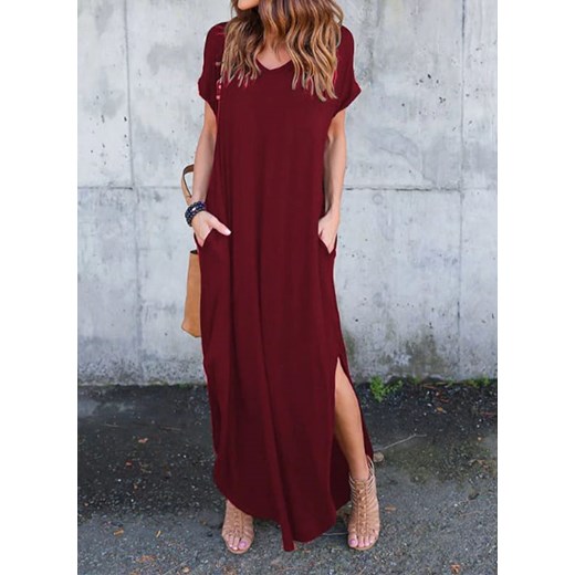 Sukienka letnia casual luźna zwiewna długa maxi z rozcięciem z boku krótki szeroki rękaw z kieszeniami czerwony (S) Cikelly 2XL Cikelly