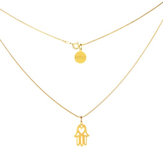 Złoty modowy naszyjnik symbol ręka Fatimy łańcuszek żmijka sotho bialy etno