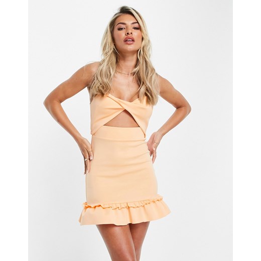 ASOS DESIGN – Brzoskwiniowa sukienka mini na ramiączkach ze skrzyżowanym przodem i wycięciem-Pomarańczowy 46 Asos Poland