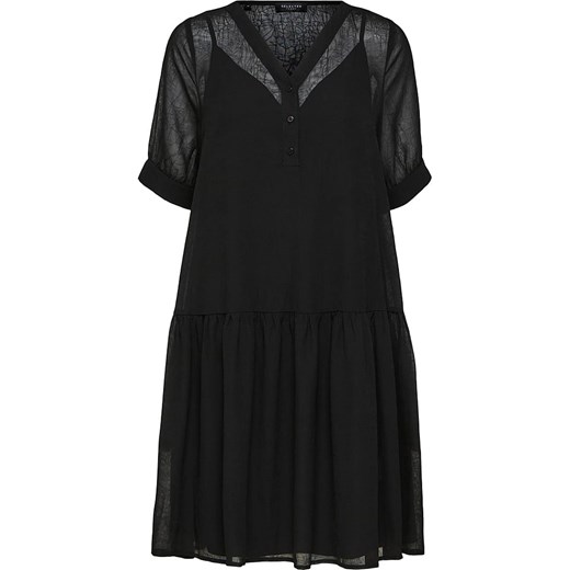 Sukienka czarna Selected Femme mini luźna z krótkim rękawem w serek 
